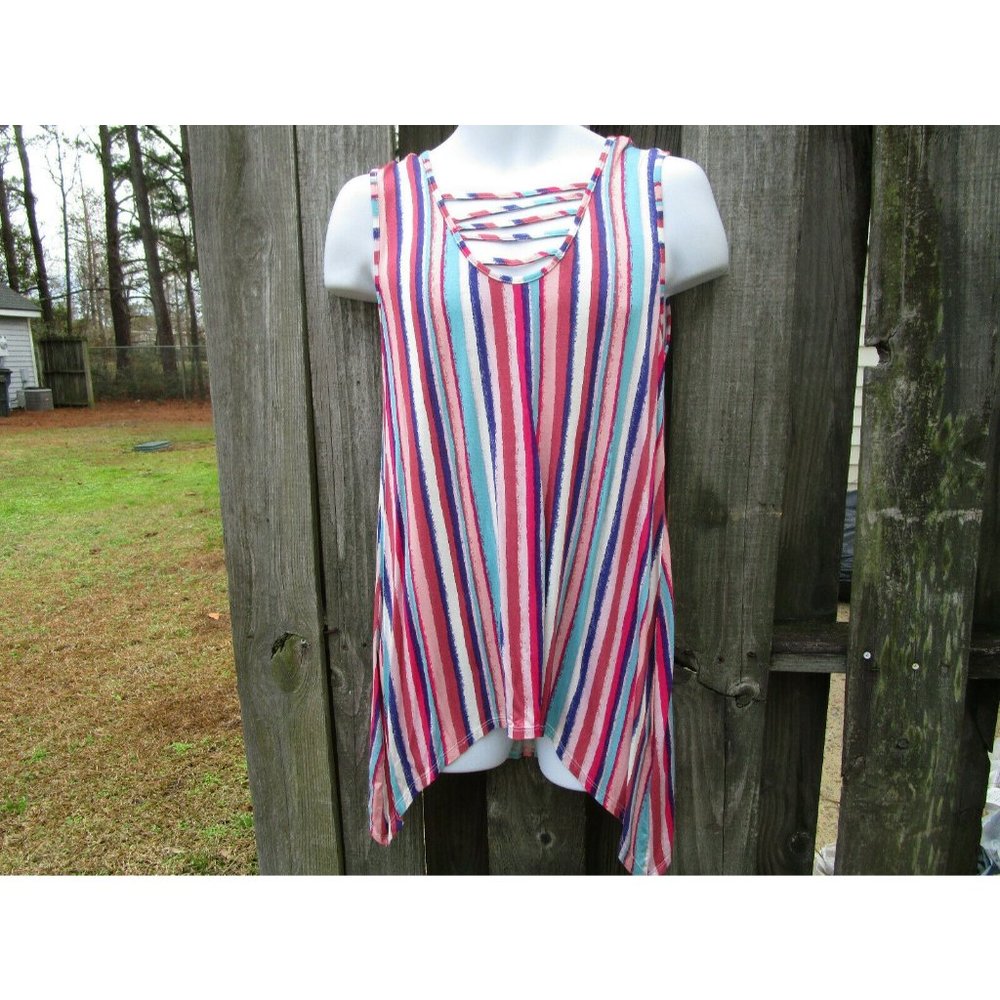 Seven7 Women's Sharkbite Tank Top Multicolor Striped V Neck Stretch Size XL